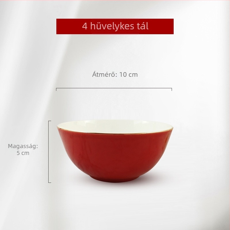 Csontporcelánból készült rizs- és leveses tál vörös glazúrral és arany peremmel, nagy kapacitású kerámia étkészlet