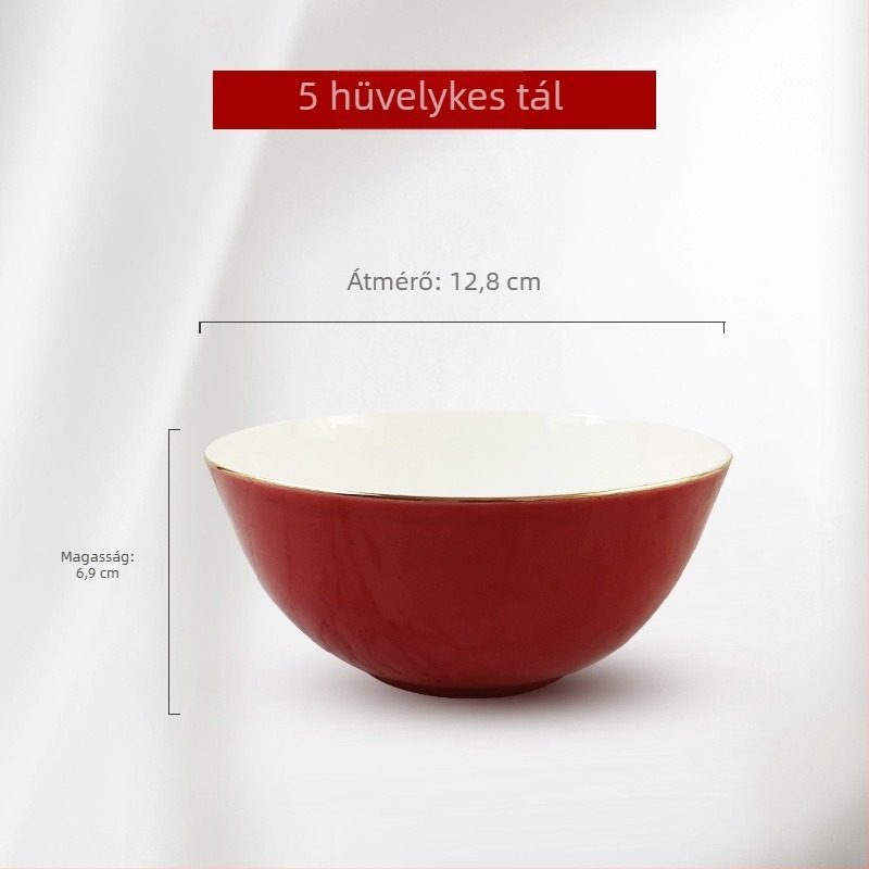 Csontporcelánból készült rizs- és leveses tál vörös glazúrral és arany peremmel, nagy kapacitású kerámia étkészlet