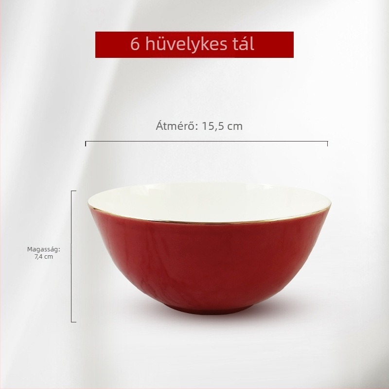 Csontporcelánból készült rizs- és leveses tál vörös glazúrral és arany peremmel, nagy kapacitású kerámia étkészlet