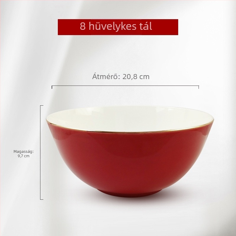 Csontporcelánból készült rizs- és leveses tál vörös glazúrral és arany peremmel, nagy kapacitású kerámia étkészlet