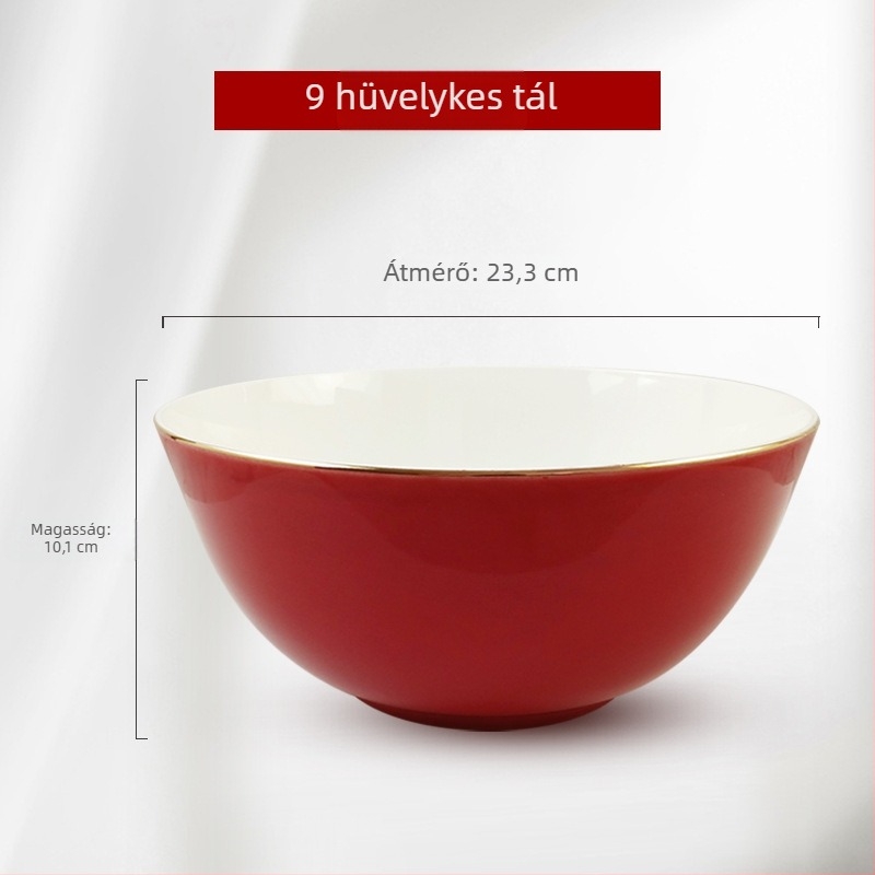 Csontporcelánból készült rizs- és leveses tál vörös glazúrral és arany peremmel, nagy kapacitású kerámia étkészlet