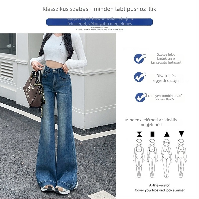 Női magas derekú farmernadrág, enyhén kiszélesedő fazon, rugalmas denim, széles láb, ősz-tél 2025