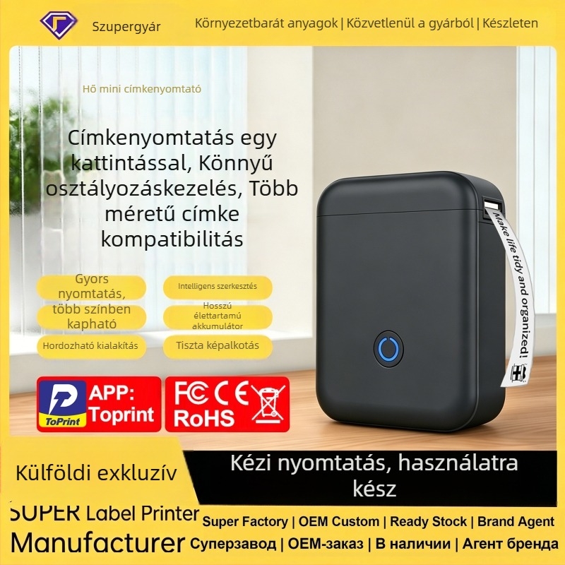 Vezeték nélküli Bluetooth hőnyomtató címkékhez, kompakt kézi kivitel, 48 mm-es címkékhez, otthoni és irodai használatra