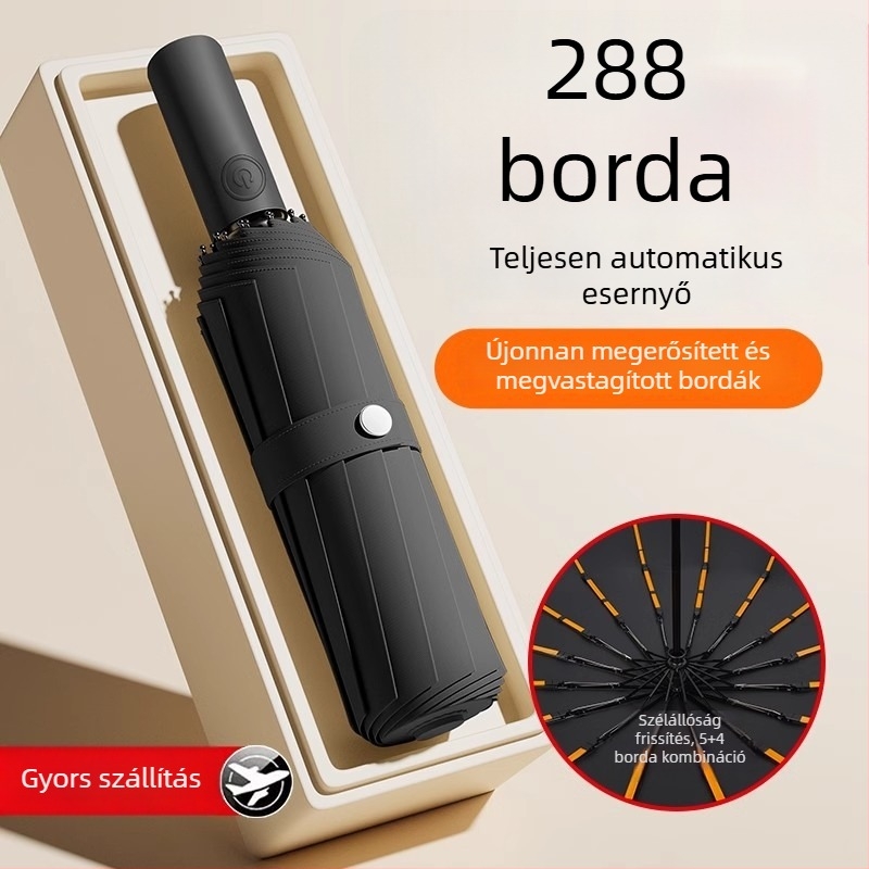 Teljesen automata összecsukható esernyő, szélálló, fekete bevonattal, napsütés és eső kettős használatra, UV-védelem, kültéri