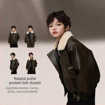 Fiúknak készült PU bőrdzseki fleece béléssel, rever nyakú, cipzárral, vastag téli kabát őszre-télre
