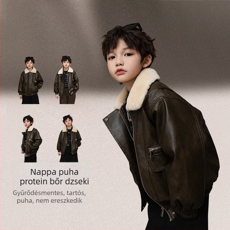 Fiúknak készült PU bőrdzseki fleece béléssel, rever nyakú, cipzárral, vastag téli kabát őszre-télre