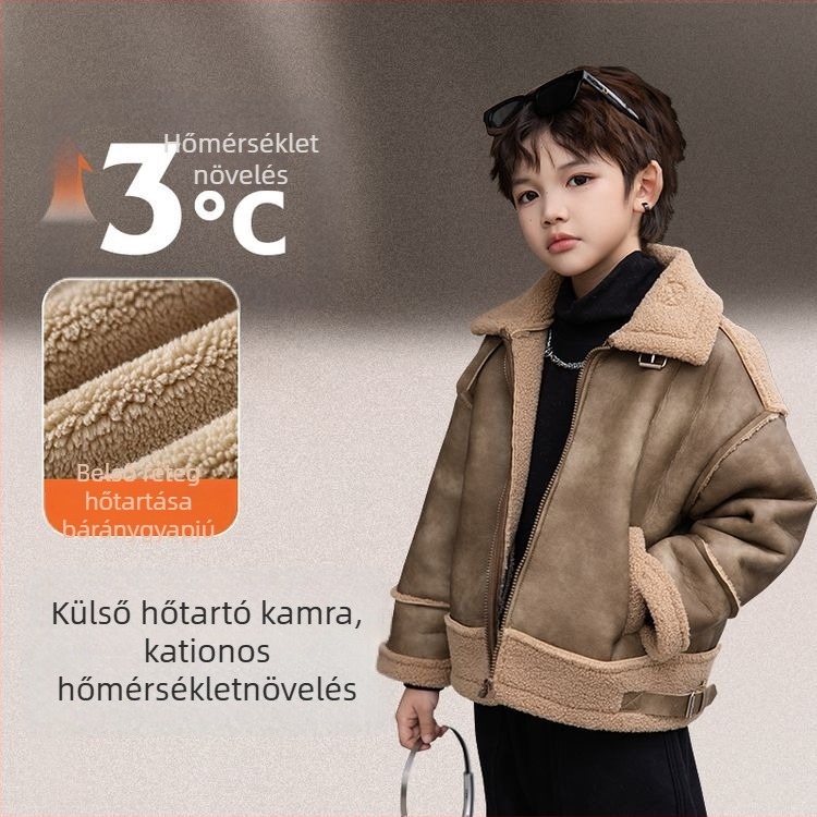Fiúknak készült PU bőrdzseki fleece béléssel, rever nyakú, cipzárral, vastag téli kabát őszre-télre