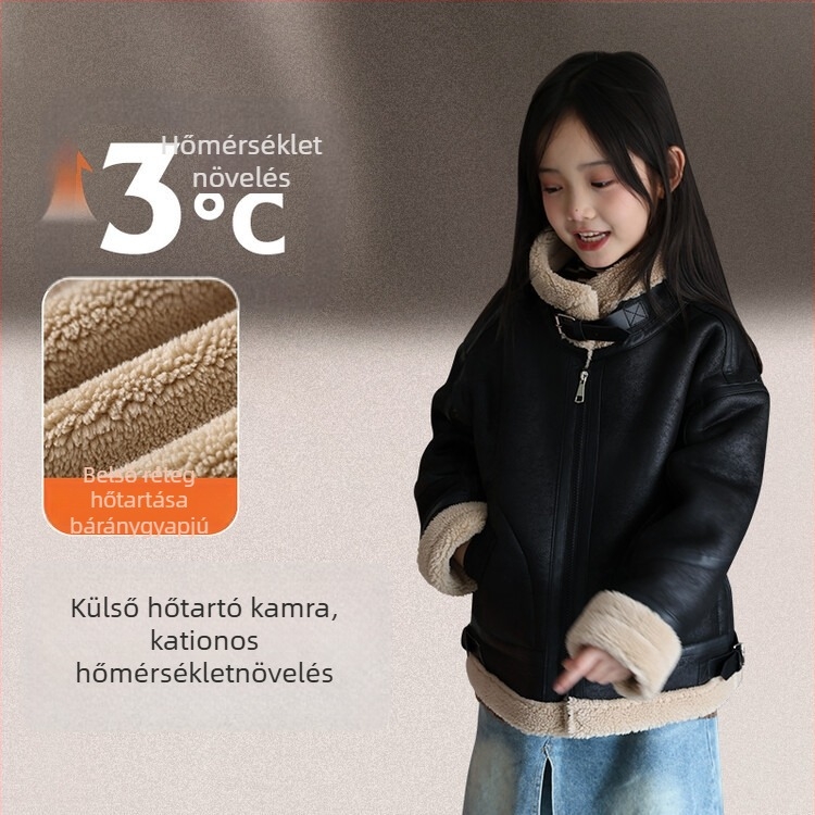 Fiúknak készült PU bőrdzseki fleece béléssel, rever nyakú, cipzárral, vastag téli kabát őszre-télre