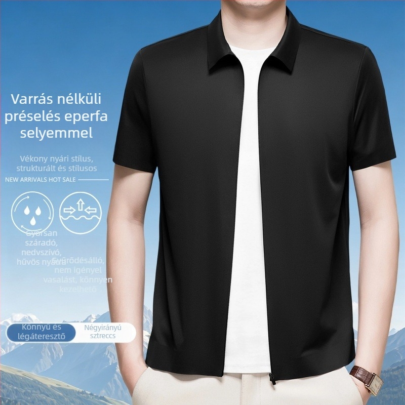 Férfi rövid ujjú ing cipzárral, gallér, lélegző elasztikus poliészter keverék, üzleti casual luxus