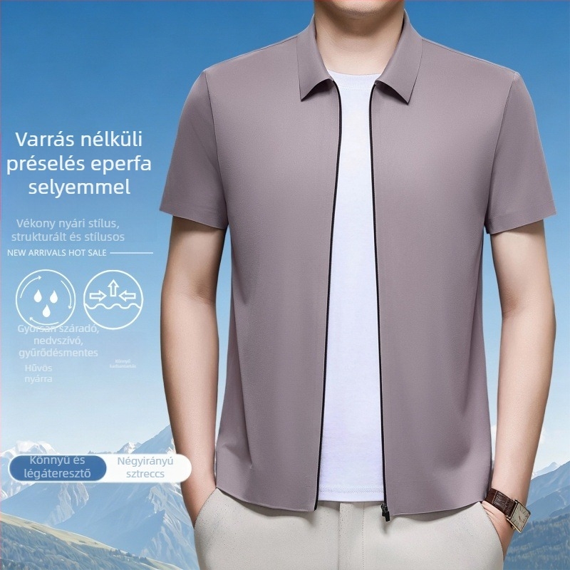 Férfi rövid ujjú ing cipzárral, gallér, lélegző elasztikus poliészter keverék, üzleti casual luxus