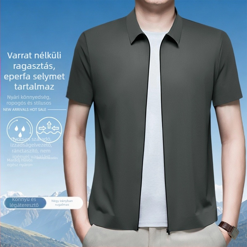 Férfi rövid ujjú ing cipzárral, gallér, lélegző elasztikus poliészter keverék, üzleti casual luxus