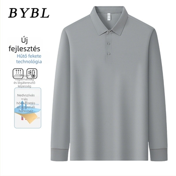 Férfi hosszú ujjú polo ice silk anyagból, varratmentes, egyszínű, könnyű, vasalásmentes, üzleti–szabadidő