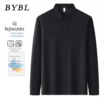 Férfi hosszú ujjú polo ice silk anyagból, varratmentes, egyszínű, könnyű, vasalásmentes, üzleti–szabadidő