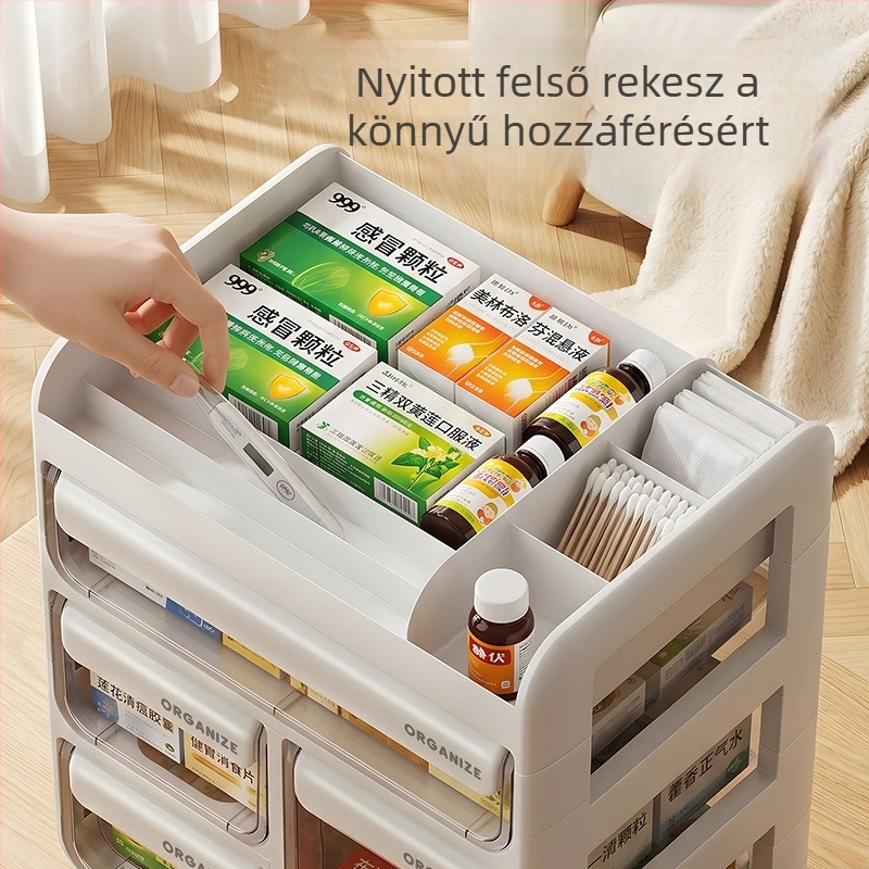 Otthoni használatra szánt fiókos gyógyszeres doboz, nagy kapacitású, többszintű gyógyszer-tároló