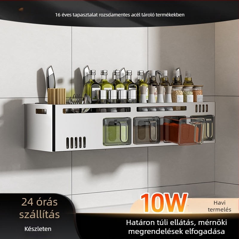 304 rozsdamentes acél fűszertartó polc, falra szerelhető, többfunkciós – olaj, só, szósz és ecet tárolására