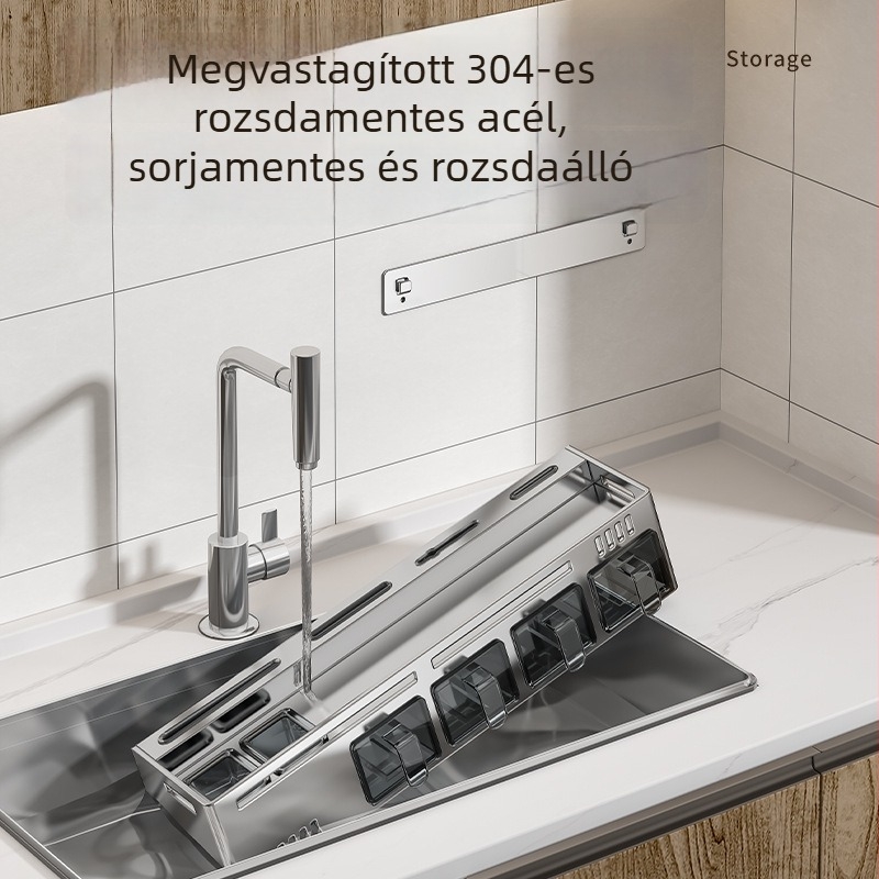 304 rozsdamentes acél fűszertartó polc, falra szerelhető, többfunkciós – olaj, só, szósz és ecet tárolására