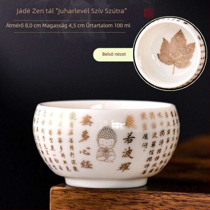 Zen porcelán teáscsésze Heart Sutra motívummal, Négy évszak aranyleveles design, Gongfu teáskészlet otthonra