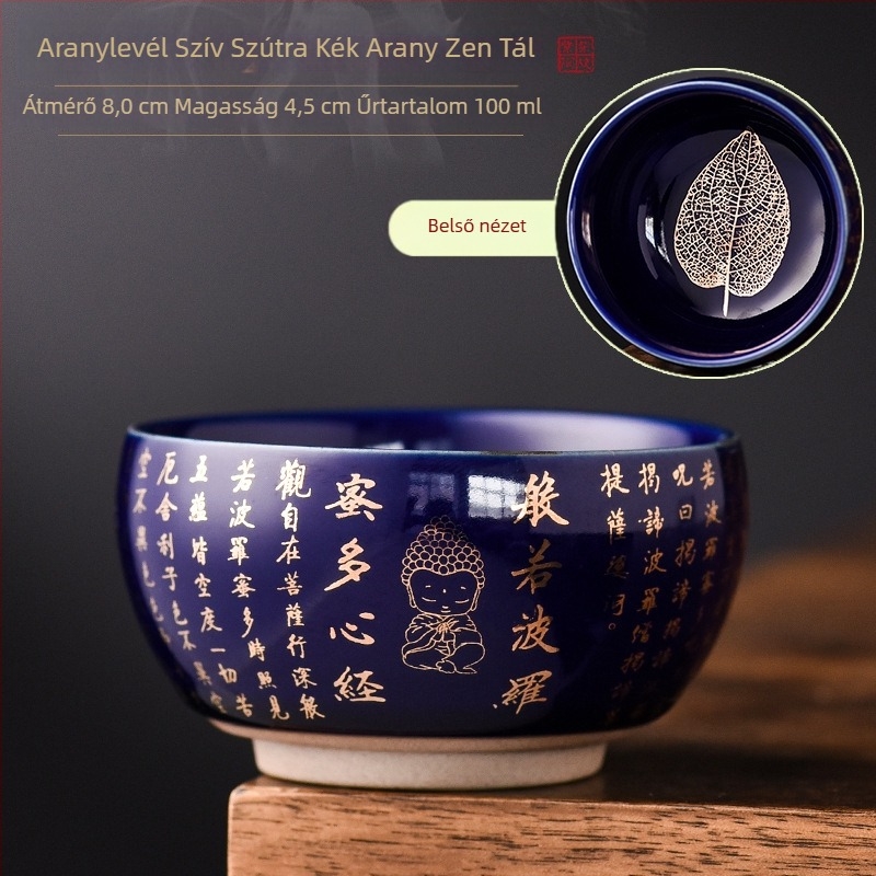 Zen porcelán teáscsésze Heart Sutra motívummal, Négy évszak aranyleveles design, Gongfu teáskészlet otthonra