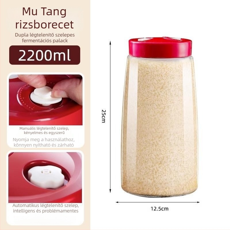 Rizsbor fermentáló üveg dupla szeleppel a rizsbor tárolásához, 1-2 L
