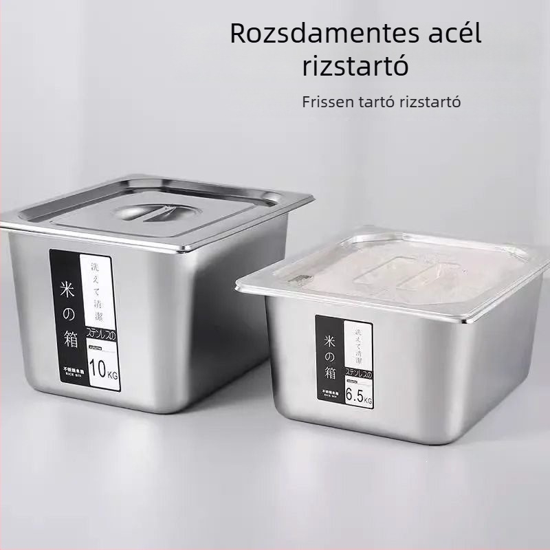 Rozsdamentes acél szögletes rizstároló, 10 L feletti kapacitás, minimalist design, háztartási használatra