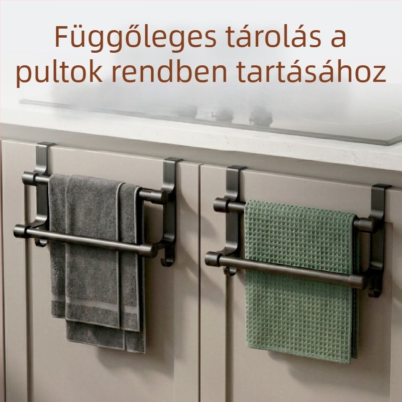 Rozsdamentes acélból készült kettős szintű szekrényajtóhoz tartó, kampókkal és törölközőtartóval