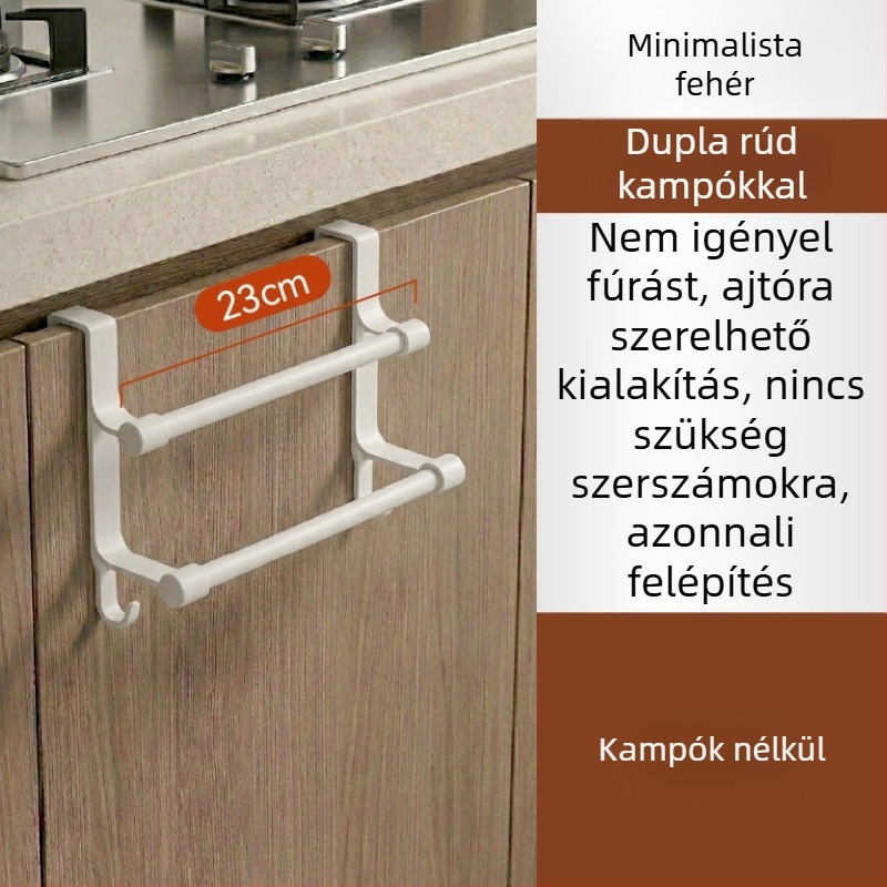 Rozsdamentes acélból készült kettős szintű szekrényajtóhoz tartó, kampókkal és törölközőtartóval