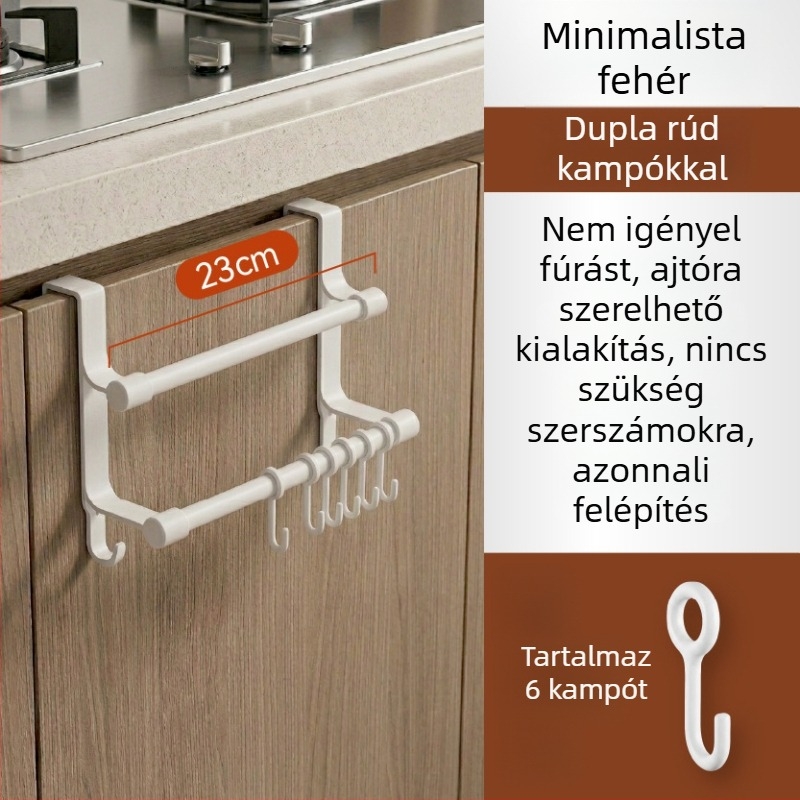 Rozsdamentes acélból készült kettős szintű szekrényajtóhoz tartó, kampókkal és törölközőtartóval