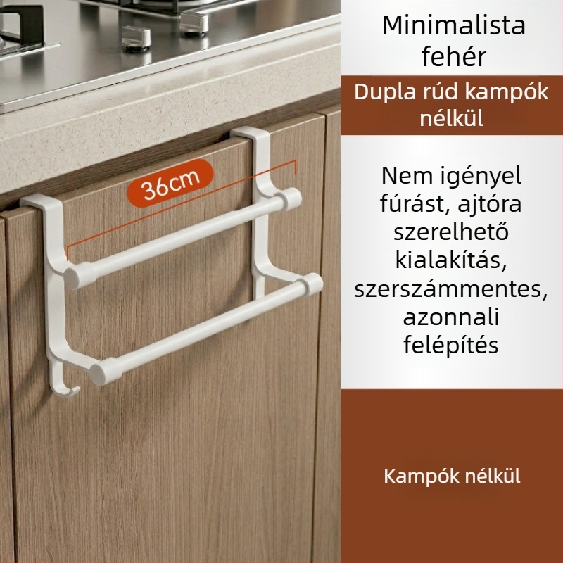 Rozsdamentes acélból készült kettős szintű szekrényajtóhoz tartó, kampókkal és törölközőtartóval