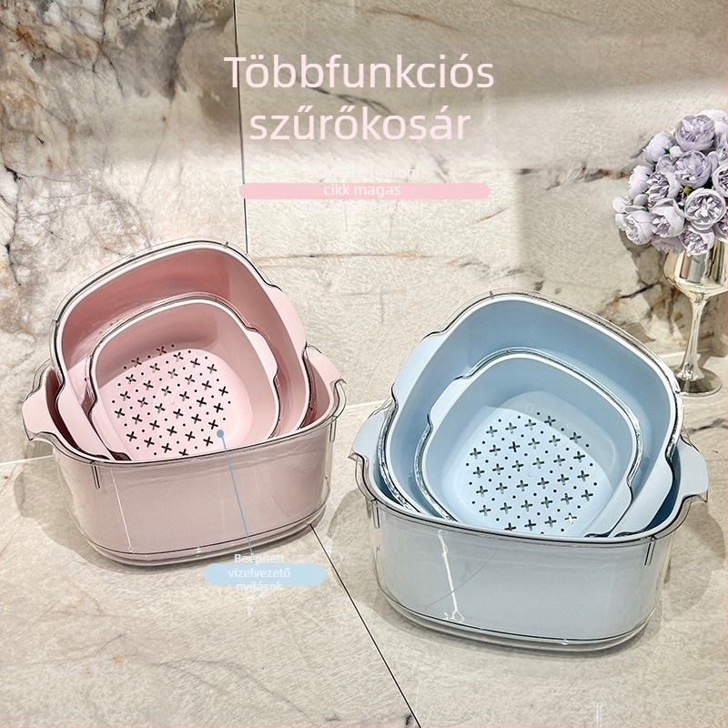 Kétszintes leeresztő kosár a konyhába, zöldségek mosására és rizs öblítésére, háztartási gyümölcs- és zöldségtisztító tál vízelvezető nyílásokkal és nagy tárolókapacitással.