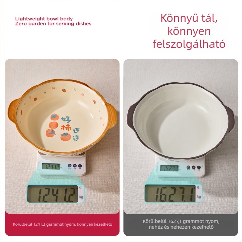Kétfülű kerámia levesestál halas leveshez, nagy kapacitású, Ø23 cm feletti, virágos mintázat, modern minimalista design, otthoni használatra, mikrohullámú sütőben használható