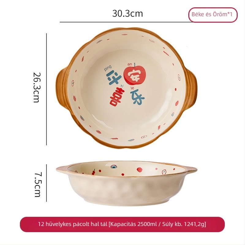 Kétfülű kerámia levesestál halas leveshez, nagy kapacitású, Ø23 cm feletti, virágos mintázat, modern minimalista design, otthoni használatra, mikrohullámú sütőben használható