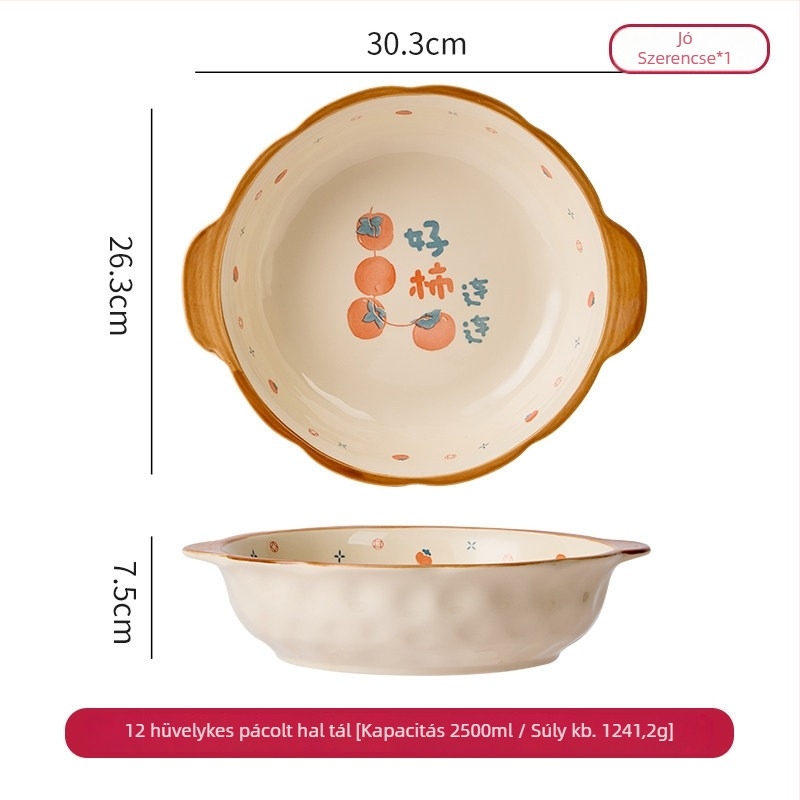 Kétfülű kerámia levesestál halas leveshez, nagy kapacitású, Ø23 cm feletti, virágos mintázat, modern minimalista design, otthoni használatra, mikrohullámú sütőben használható