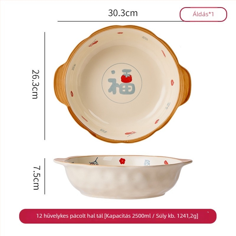 Kétfülű kerámia levesestál halas leveshez, nagy kapacitású, Ø23 cm feletti, virágos mintázat, modern minimalista design, otthoni használatra, mikrohullámú sütőben használható