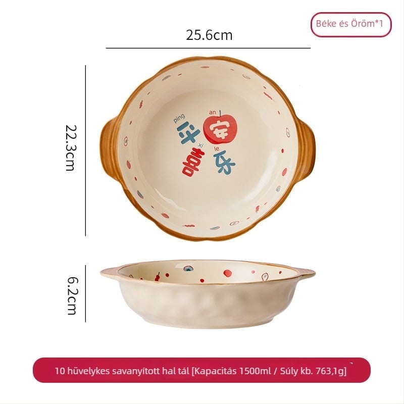 Kétfülű kerámia levesestál halas leveshez, nagy kapacitású, Ø23 cm feletti, virágos mintázat, modern minimalista design, otthoni használatra, mikrohullámú sütőben használható