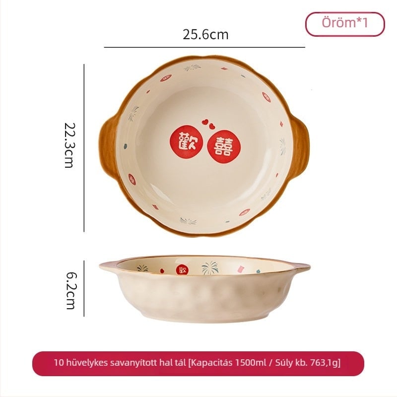 Kétfülű kerámia levesestál halas leveshez, nagy kapacitású, Ø23 cm feletti, virágos mintázat, modern minimalista design, otthoni használatra, mikrohullámú sütőben használható
