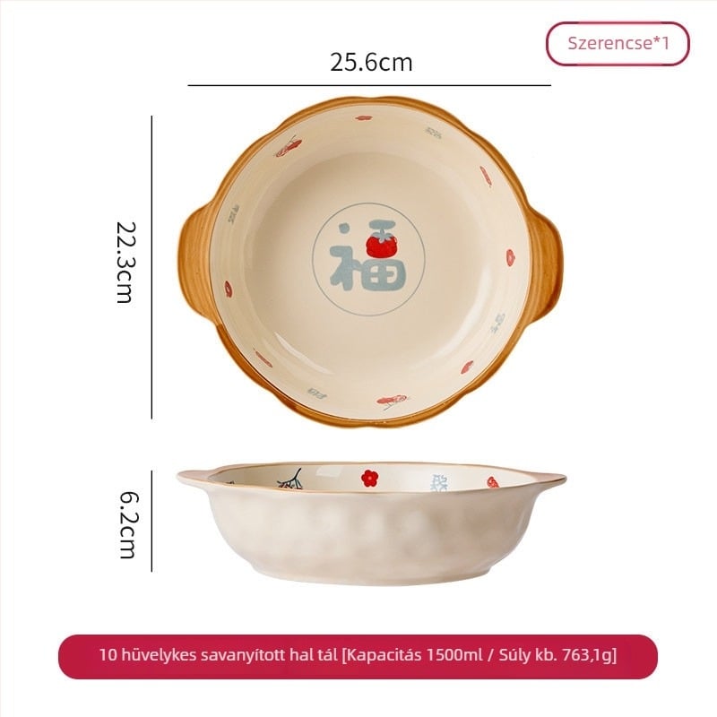 Kétfülű kerámia levesestál halas leveshez, nagy kapacitású, Ø23 cm feletti, virágos mintázat, modern minimalista design, otthoni használatra, mikrohullámú sütőben használható