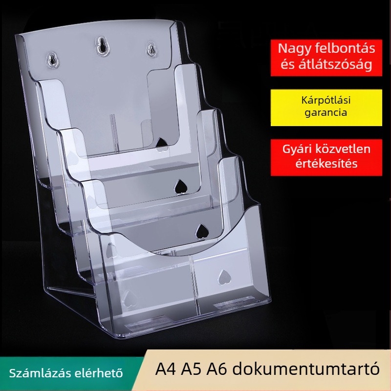 Átlátszó A4-es akril kijelzőállvány, asztali és falra szerelhető – háromrétegű brosúra- és újságtartó