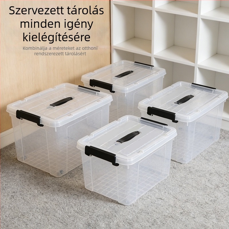 Átlátszó PP tárolóedény, megerősített, por- és nedvességálló, görgőkkel, kollégiumi és otthoni használatra, műanyag tárolóedény