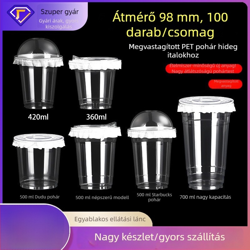 PET hideg italok pohár, 98 mm átmérő, tej-tea pohár fedéllel, átlátszó műanyag pohár, 12/16/24 oz
