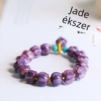 Női lótusz virág karkötő, üveggyöngyök alkonyati hegy lilában, oroszlántánc motívum, nagy tisztaságú üveg, kézzel készült DIY dizájn, türkiz hatású ékszer