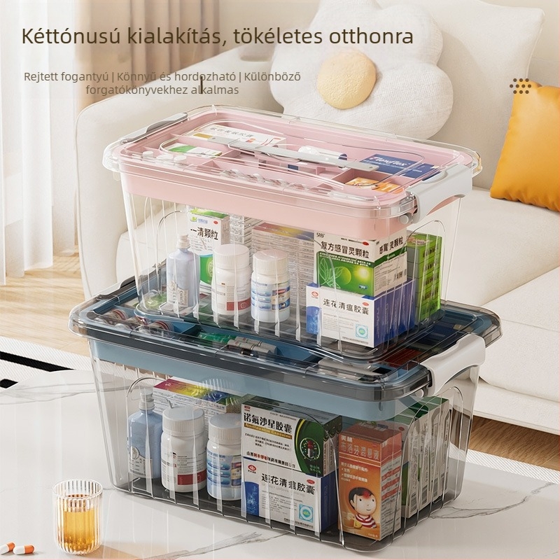 Átlátszó, hordozható orvosi doboz otthoni használatra, nagy kapacitású, többrétegű elsősegély doboz, tároló.