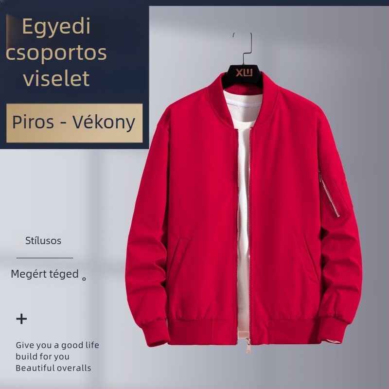 Őszi-téli férfi kabát álló gallérral, egyedi hímzett logóval, lezser sportos külsőruha