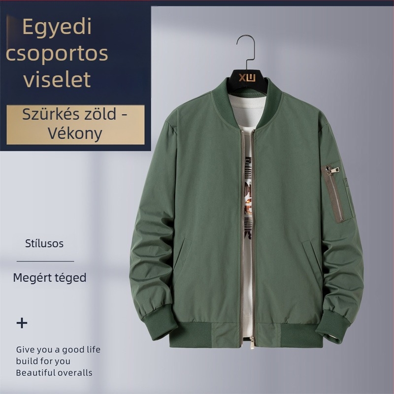 Őszi-téli férfi kabát álló gallérral, egyedi hímzett logóval, lezser sportos külsőruha