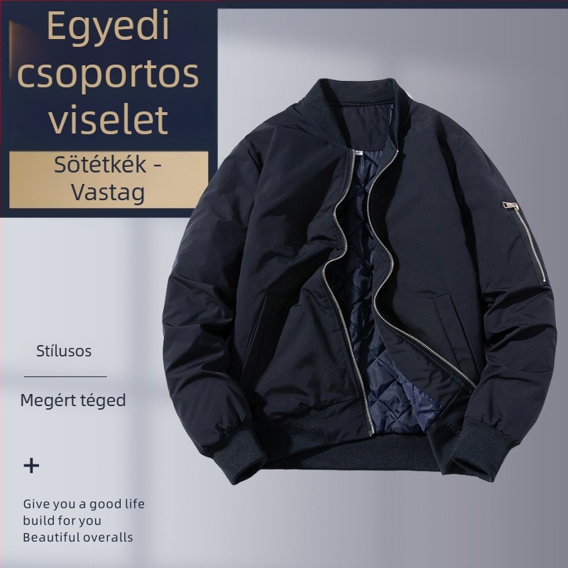 Őszi-téli férfi kabát álló gallérral, egyedi hímzett logóval, lezser sportos külsőruha