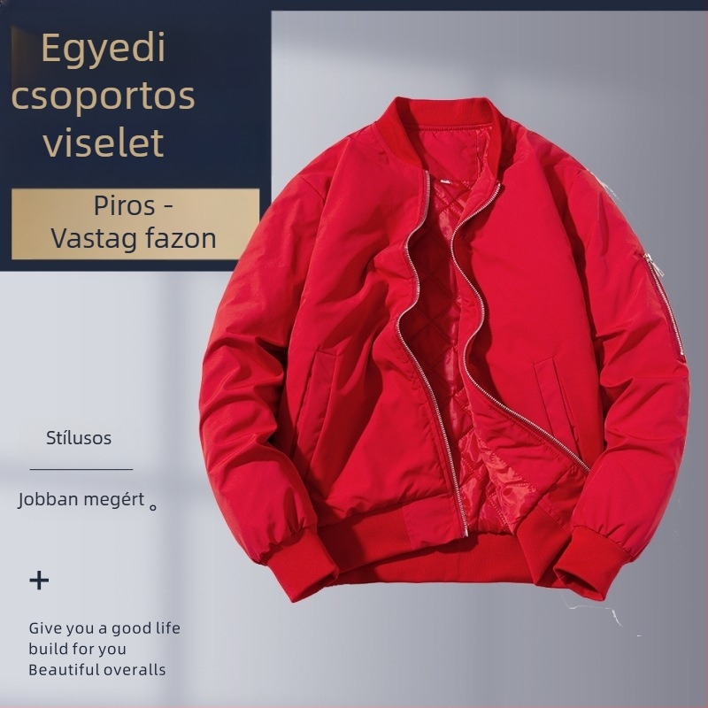 Őszi-téli férfi kabát álló gallérral, egyedi hímzett logóval, lezser sportos külsőruha