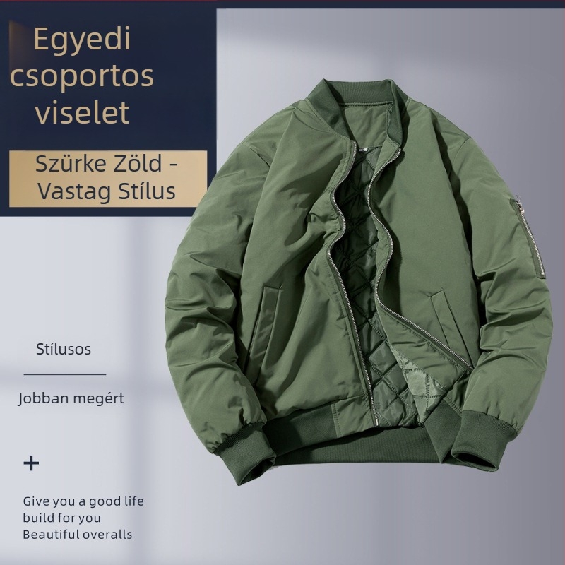 Őszi-téli férfi kabát álló gallérral, egyedi hímzett logóval, lezser sportos külsőruha