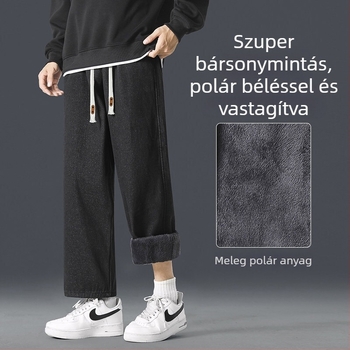 Férfi farmernadrág egyenes szabású, fleece-béléssel, vastag, sokoldalú, cropped hossz