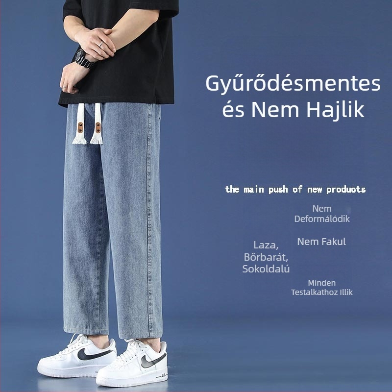 Férfi farmernadrág egyenes szabású, fleece-béléssel, vastag, sokoldalú, cropped hossz