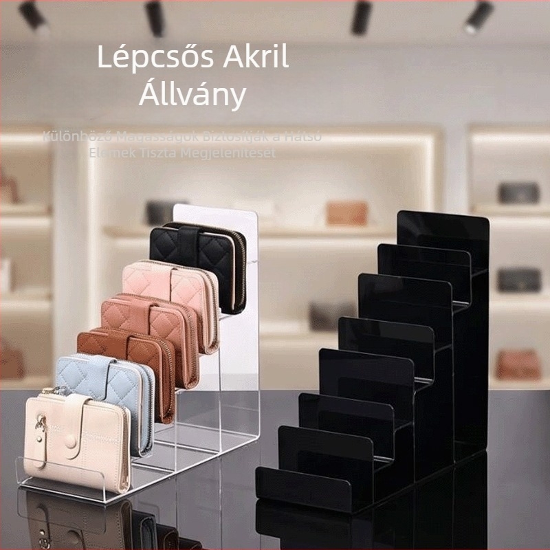 Akril kijelzőállvány lépcsős polcokkal ékszerekhez, napszemüveghez és táskákhoz – átlátszó, többszintes bemutatóállvány kiskereskedelmi célra