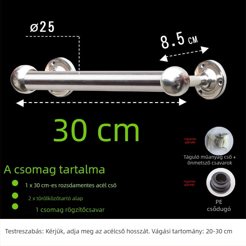 Rozsdamentes acél törölközőtartó, fürdőszobai, falra szerelhető, egykaros